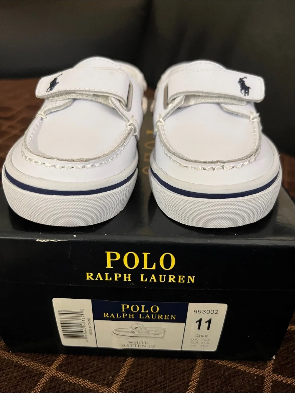 Ralph Lauren White Kids Moccasin Boat Shoes with Navy Polo Logo